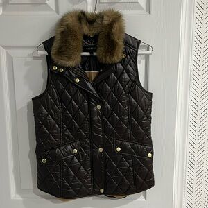 Talbots Brown Puffer Vest with Faux Fur Collar
